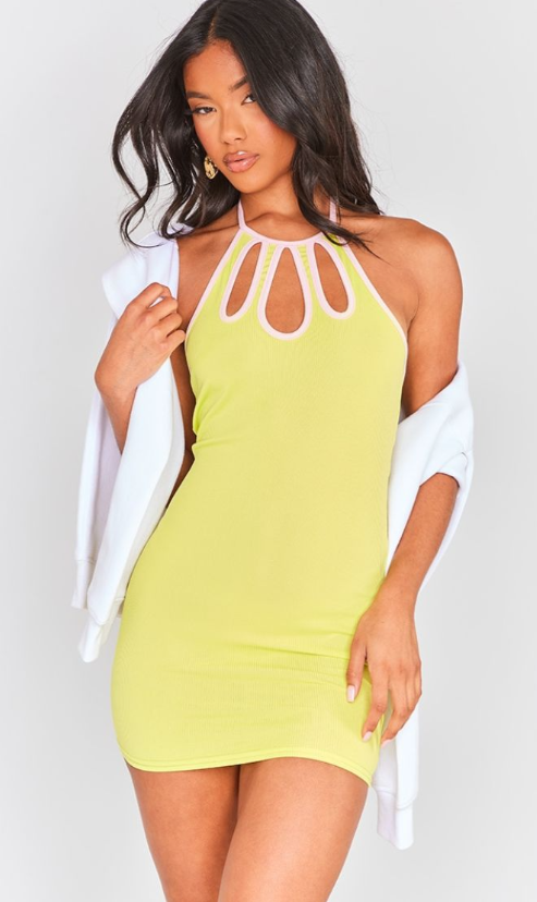 Yellow Contrast Binding Cut Out Detail Bodycon Dress