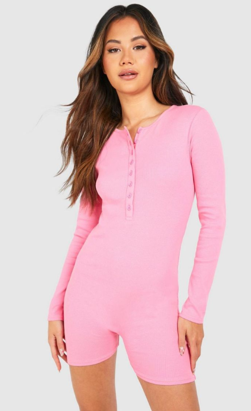 Boohoo Premium Rib Button Front Romper - bubblegum