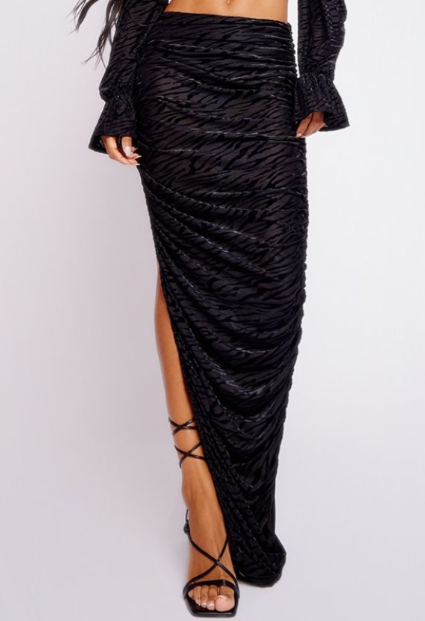 Black Sheer Devore Ruched Midaxi Skirt