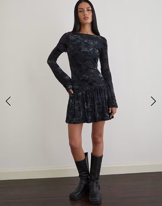 Motel Anyeli velvet leaf mini dress in dark blue