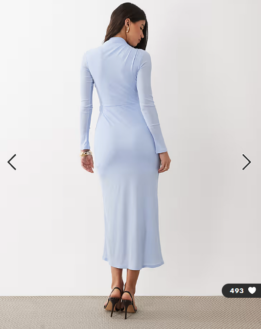 ASOS DESIGN ruched mesh high neck long sleeve midi dress in light blue