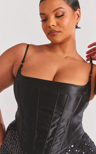Plus Black Structured Satin Strappy Corset