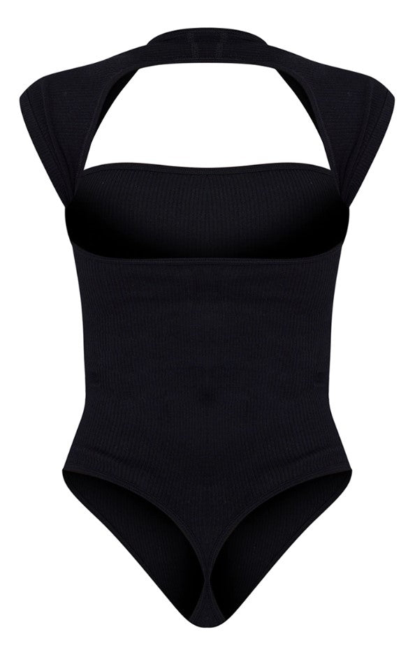 Black Contour Rib Cut Out Short Sleeve Bodysuit