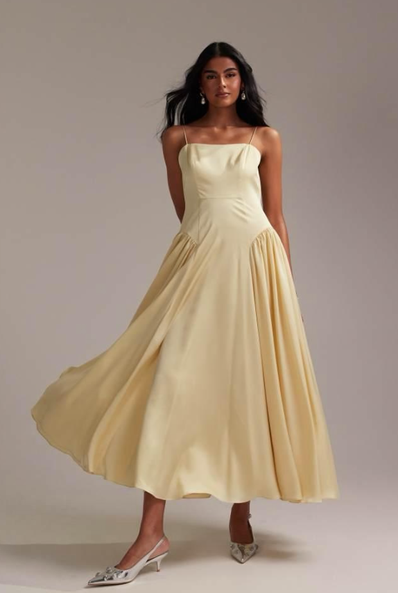ASOS DESIGN Bridesmaids drop waist tie detail cami midaxi dress in soft yellow