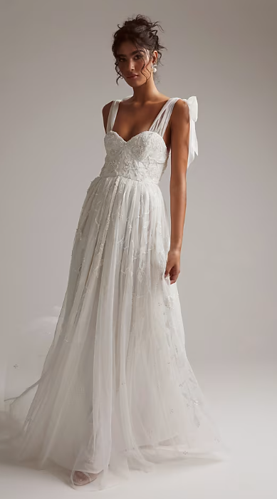 ASOS DESIGN Mila floral embellished mesh wedding dress with tie straps in