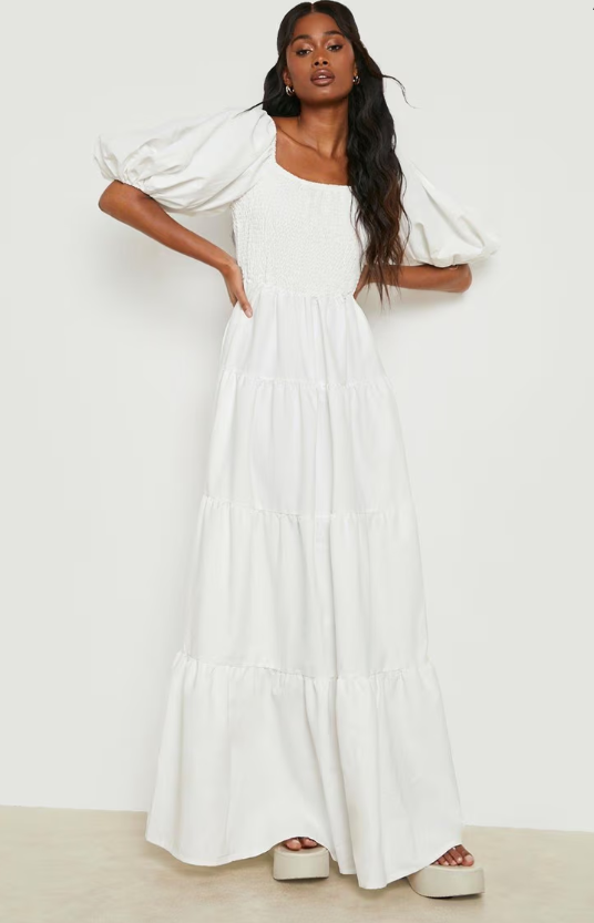 Boohoo - Extreme Puff Sleeve Shirred Maxi Smock Dress - white
