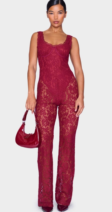 Burgundy Lace Boning Detail Strappy Flared Jumpsuit