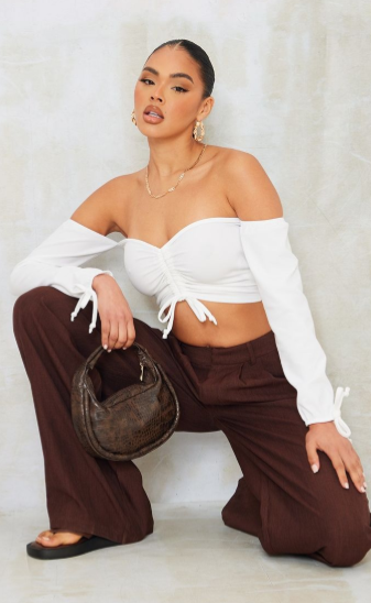 Recycled White Ruched Detail Bardot Long Sleeve Crop Top