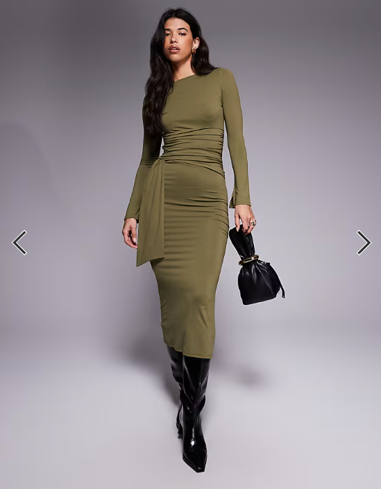 ASOS DESIGN long sleeve wrap waist detail midi dress in khaki