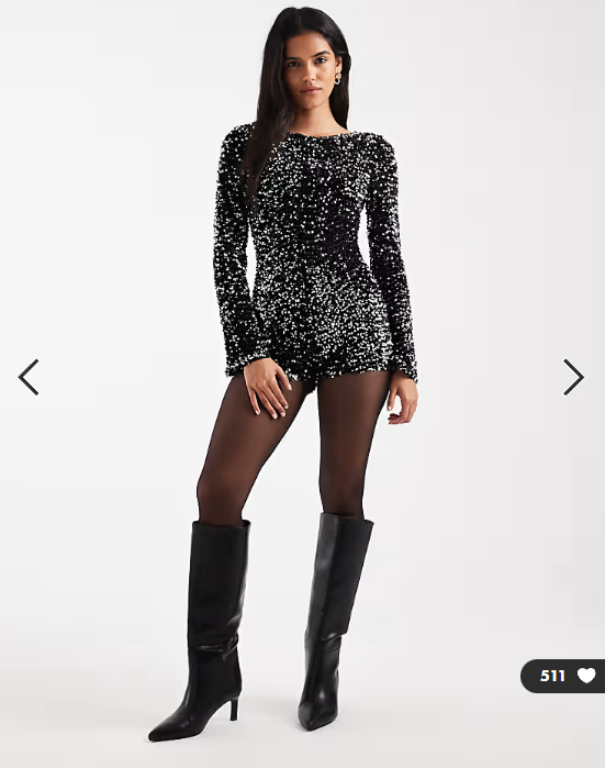 ASOS DESIGN velvet sequin long sleeve playsuit in silver