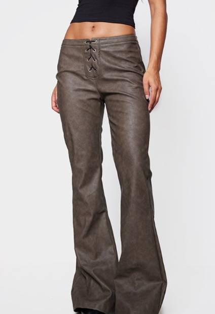 Brown Faux Leather Lace Up Detail Low Rise Flared Leg Trousers