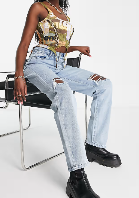 Rebellious Fashion denim distressed knee extra long jeans in mid wash