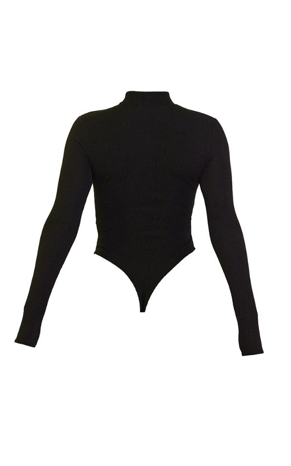 Black Crinkle Rib Half Zip Bodysuit