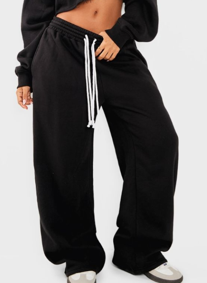 Petite Black Contrast Drawstring Wide Leg Joggers