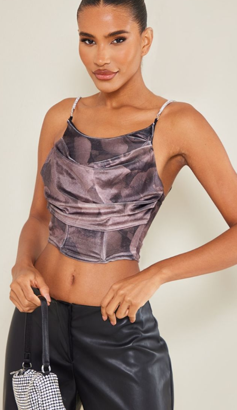 Brown Printed Velvet Diamante Strap Crop Corset
