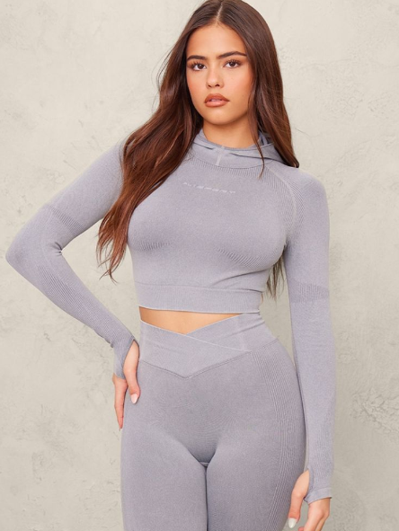 PLT SPORT Steel Blue Seamless Crop Gym Hoodie