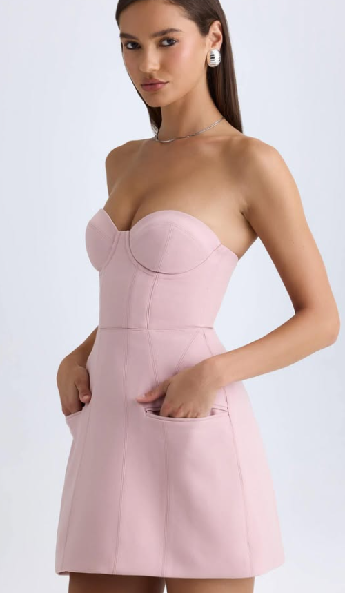 OhPolly-Strapless Structured Tulip Mini Dress in Pink Mauve