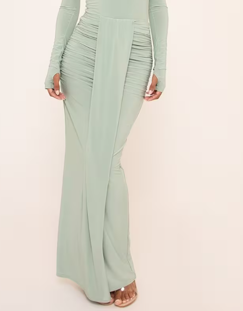 High Waist Drape Front Maxi Skirt In Pale Green Slinky