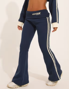 Low Rise Fold Over Waistband League Graphic Contrast Stripe Flared Joggers In Navy Blue