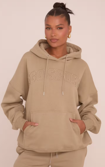 Oversized Ego Embossed Hoodie In Taupe Brown