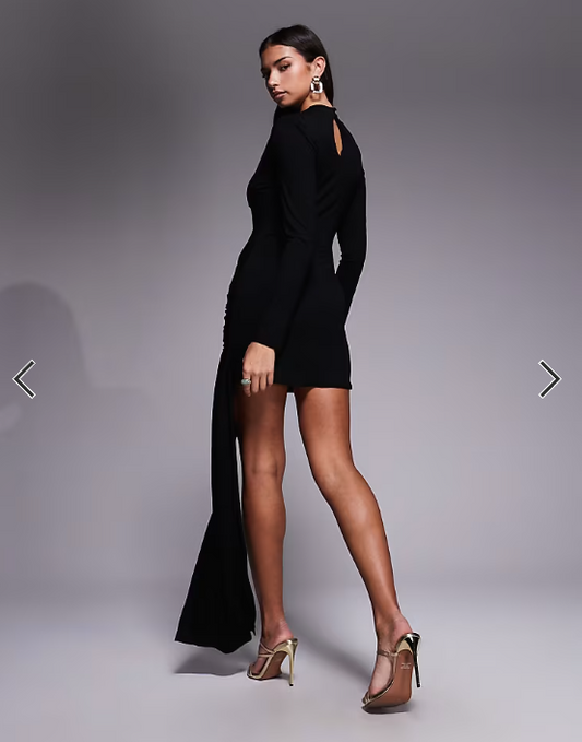 ASOS DESIGN long sleeve drape mini dress with gold trim and sash detail in black
