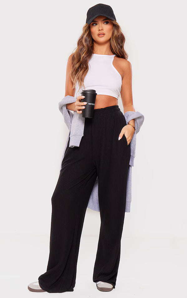 Black Soft Brushed Rib Wide Leg Pants