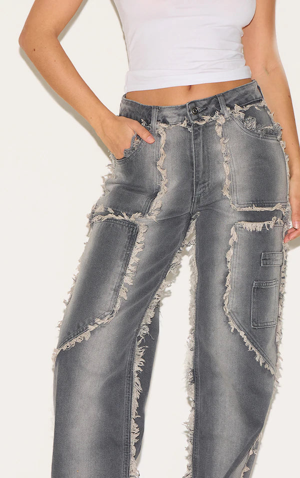 Washed Grey Frayed Edge Wide Leg Jeans