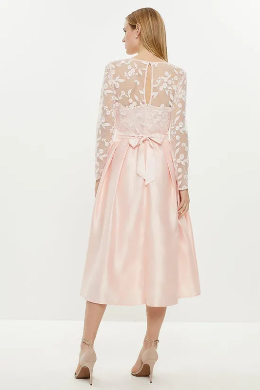 Embroidered Bodice Satin Skirt Dress