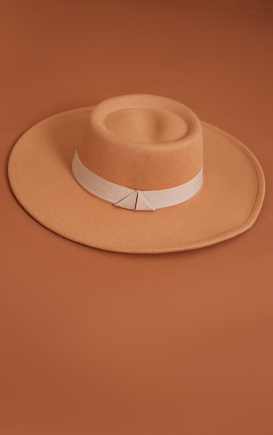 Camel Wide Brim Ribbon Fedora Hat