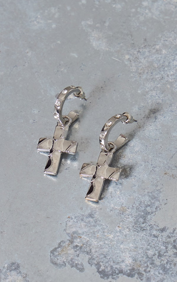 Silver Cross Single Hoop Earrings