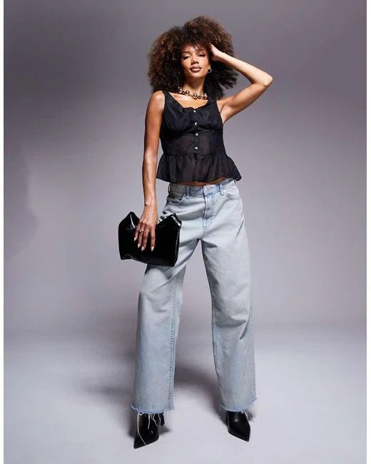 ASOS Off Shoulder Button Front Peplum Top in Black