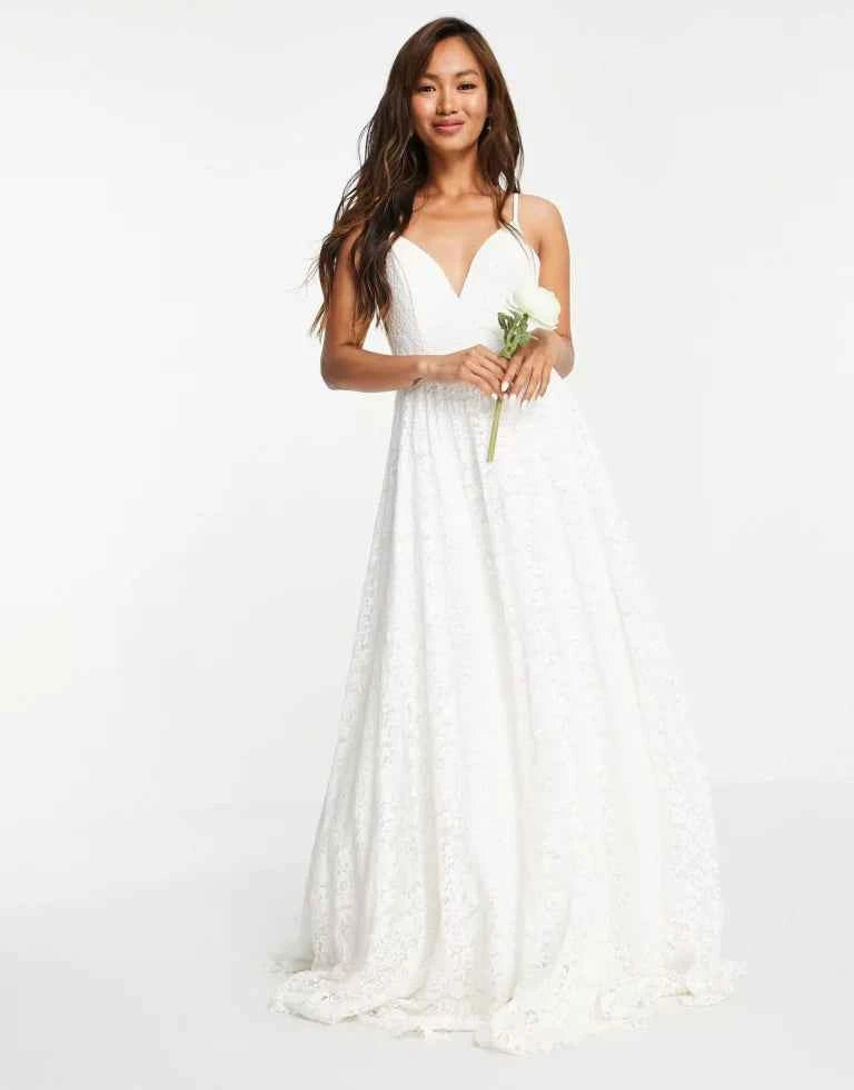 lace cami wedding dress Cami Strap A-Line Corset Lace Wedding Dress in Ivory and Blush, Ivory / Custom Size( Free )