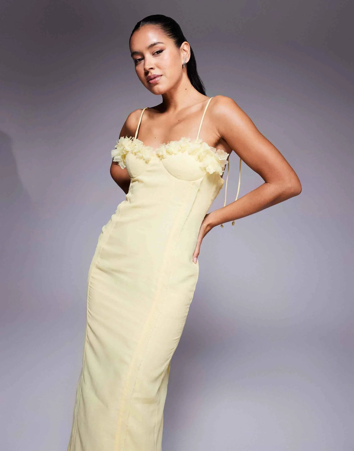 ASOS 3D Floral Bust Corset Linen Look Midi Dress in Yellow