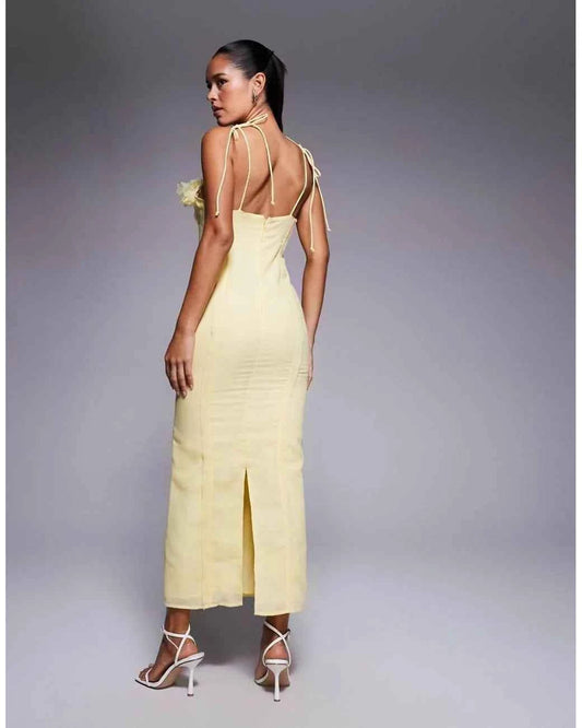 ASOS 3D Floral Bust Corset Linen Look Midi Dress in Yellow