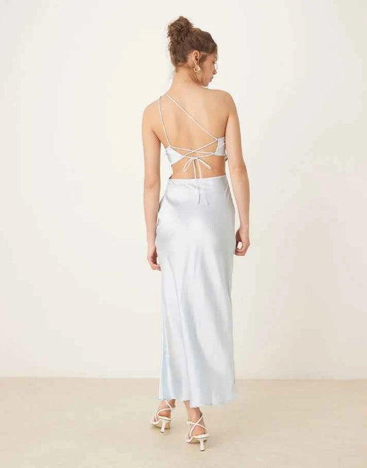 ASOS DESIGN asymmetric strappy lace slip midi dress in pale blue
