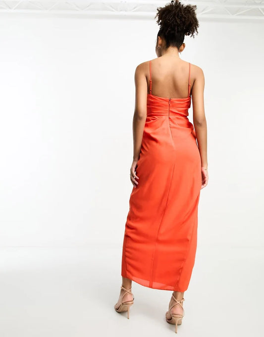 ASOS DESIGN drape cowl neck midi dress with split detail in red