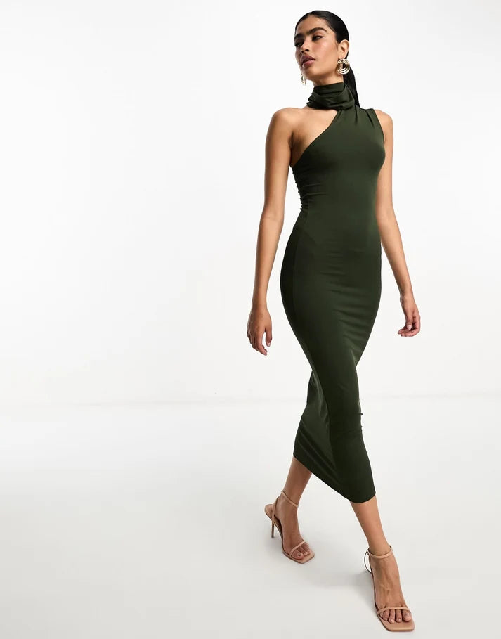 ASOS DESIGN halter shoulder midi dress in khaki