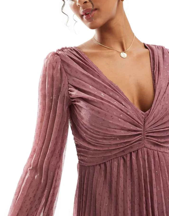 ASOS DESIGN metallic dobby pleat wrap skirt mini dress in dusky rose