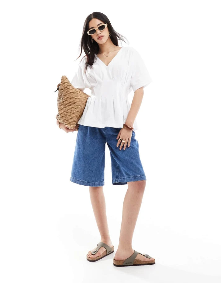 ASOS DESIGN pleated v-neck blouse in white
