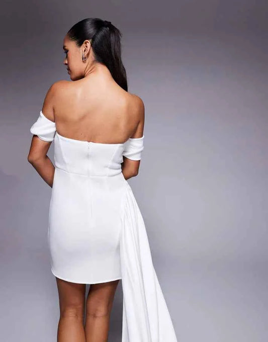 ASOS DESIGN Premium fold over bardot mini dress with sash detail in white scuba-style fabric