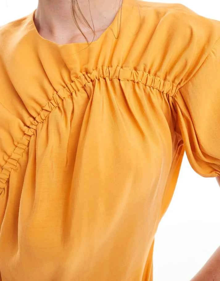 ASOS DESIGN puff sleeve mini smock dress with ruching detail in copper