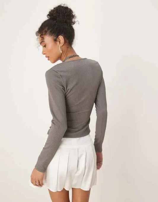 ASOS DESIGN rib halter neck long sleeve top in grey