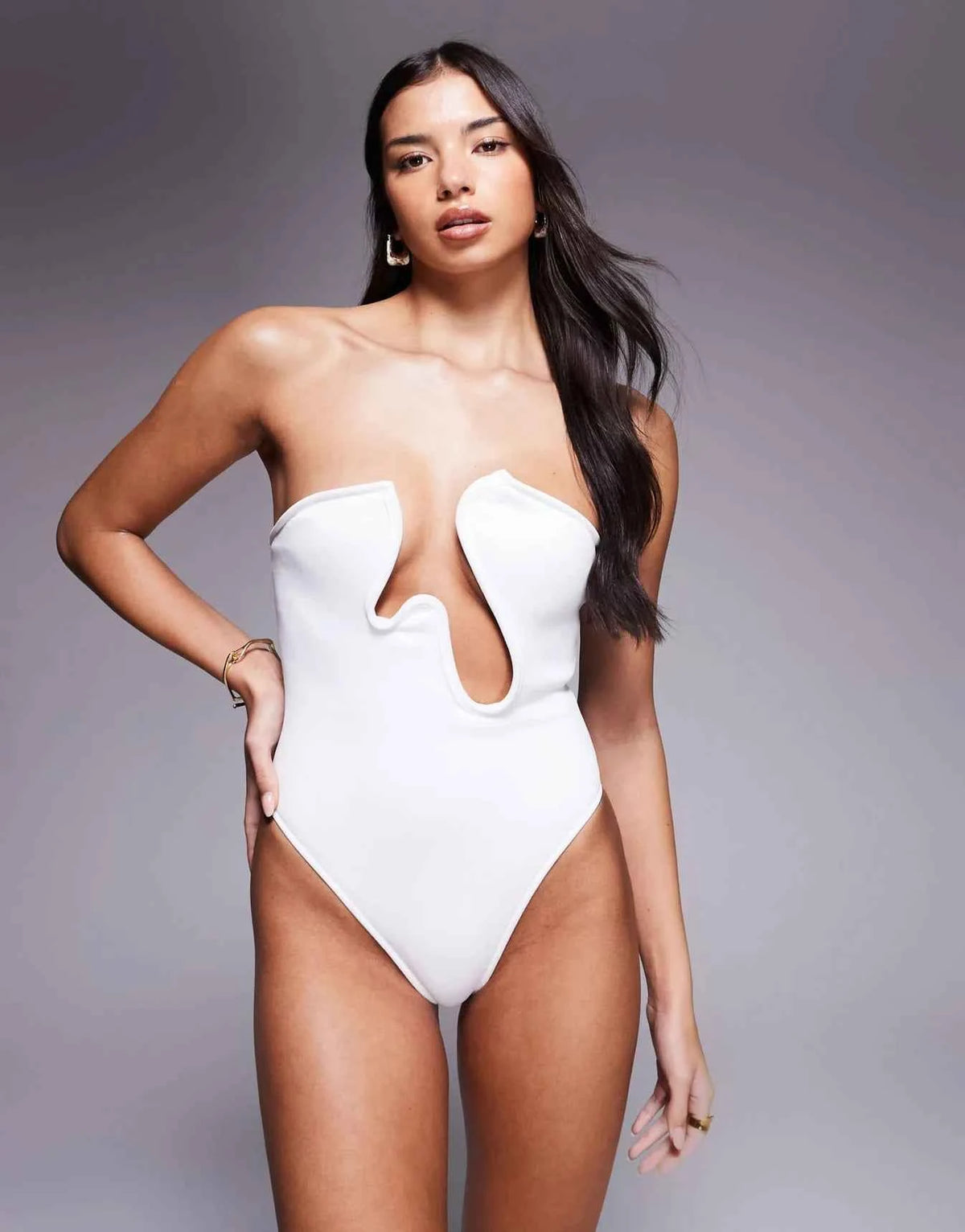 ASOS DESIGN Sydney premium bandeau swimsuit with cutout in ivory