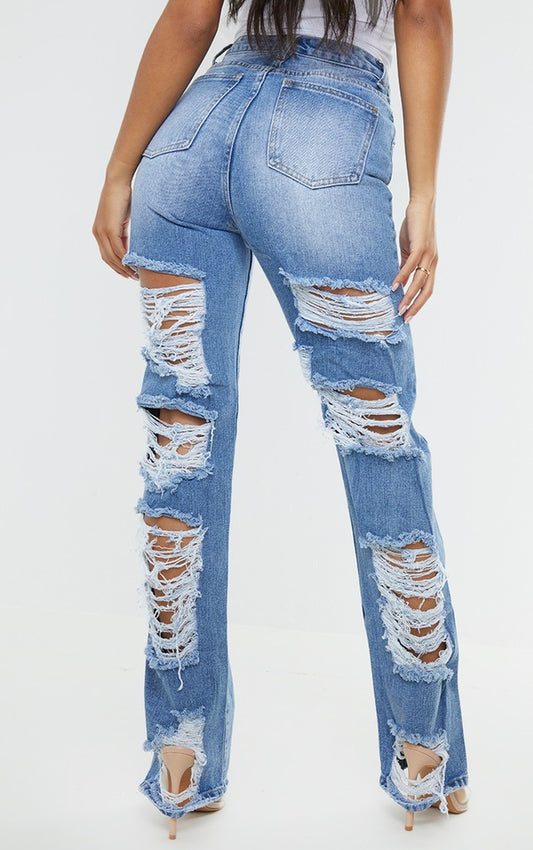 Plt - Light Blue Wash Ripped Back Split Hem Jeans