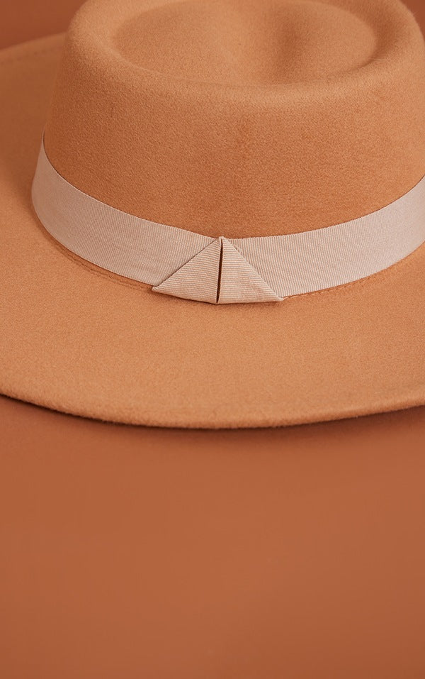 Camel Wide Brim Ribbon Fedora Hat