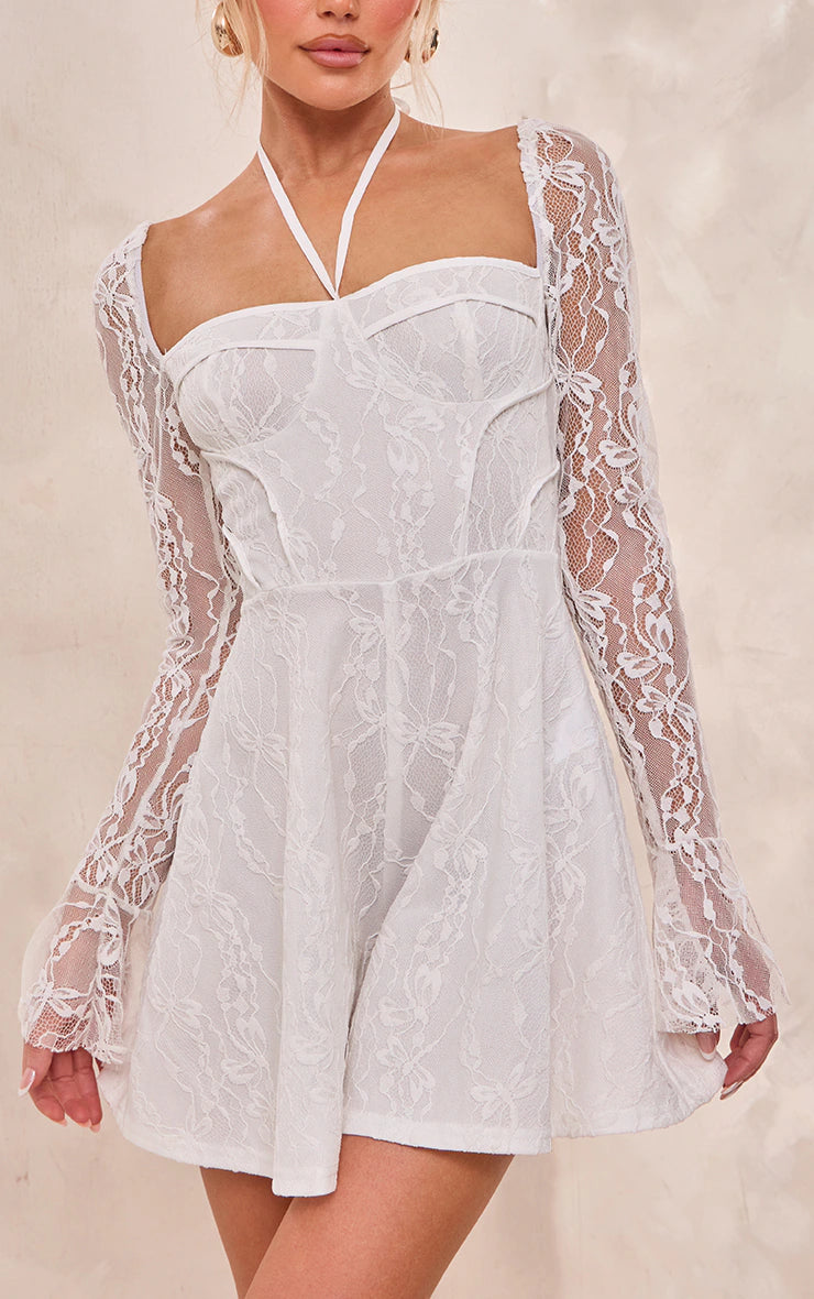 White Floral Mesh Long Sleeve Square Neck Romper