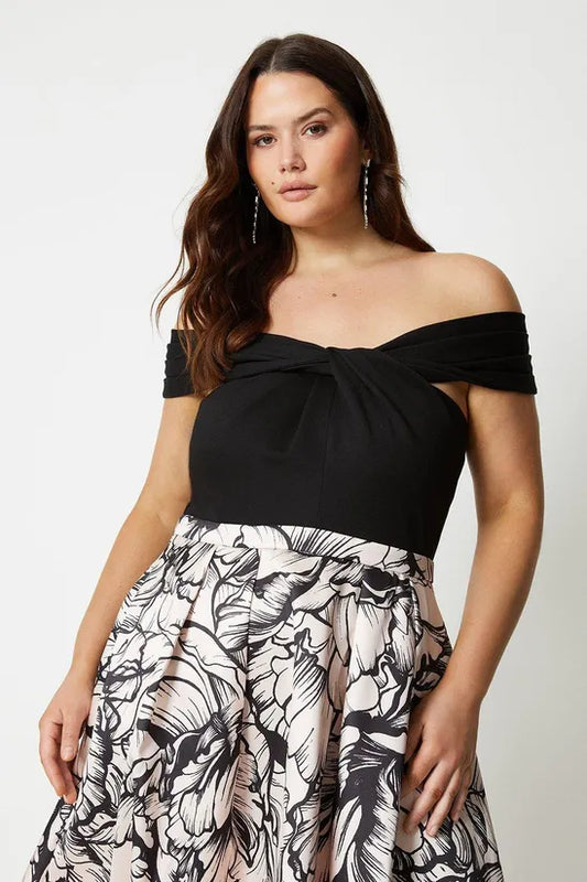 Plus Size Bardot Twist Top 2 In 1 Twill Dress