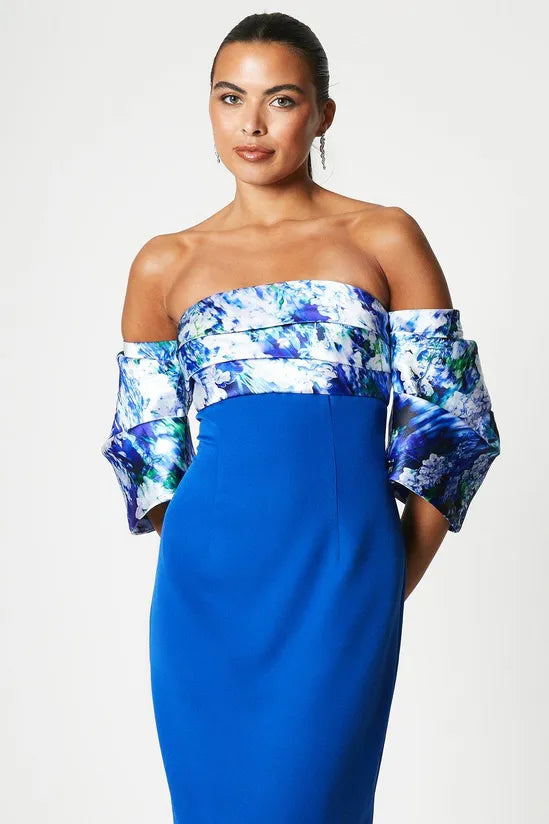 Printed Pleat Bardot Midi Dress