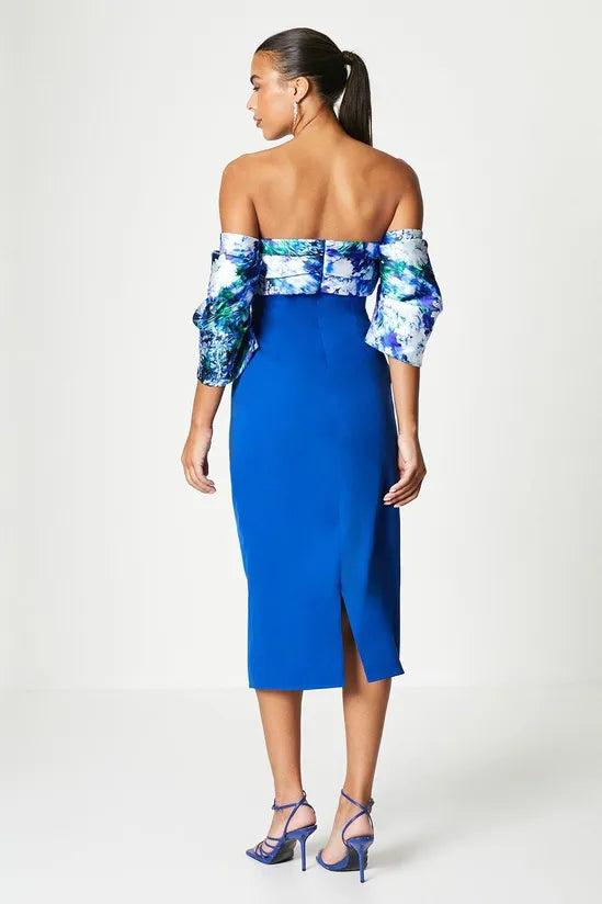 Printed Pleat Bardot Midi Dress