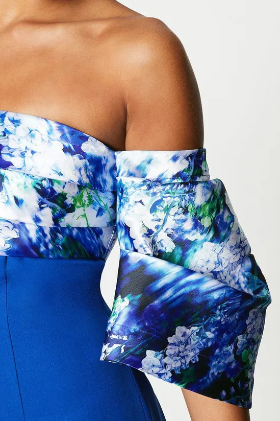 Printed Pleat Bardot Midi Dress